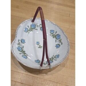 Vintage Porcelain Bon Bon Dish Wicker Handle Blue Roses Gilt Rim As Is